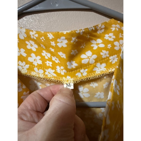 Womens Yellow Floral Print Band Collar Short Sleeve Blouse M - Picture 2 of 5